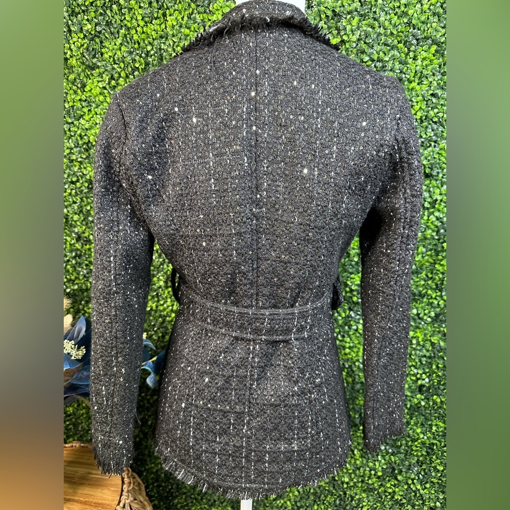 Nwt Black Tweed raw hem Women's pea Coat with belt preppy chic - Picture 4 of 15